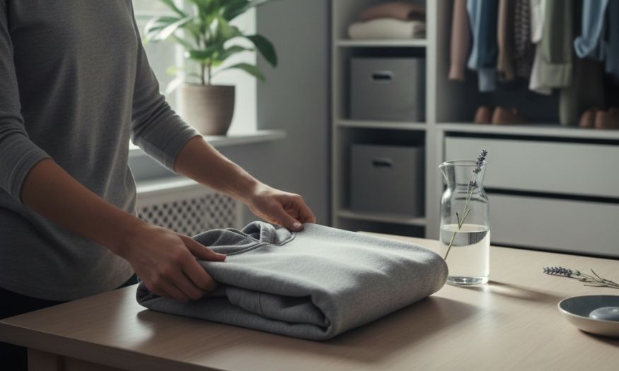 A woman is gently folding a grey hoodie on a wooden table in a well-organized room with a closet full of clothes and a plant by the window.