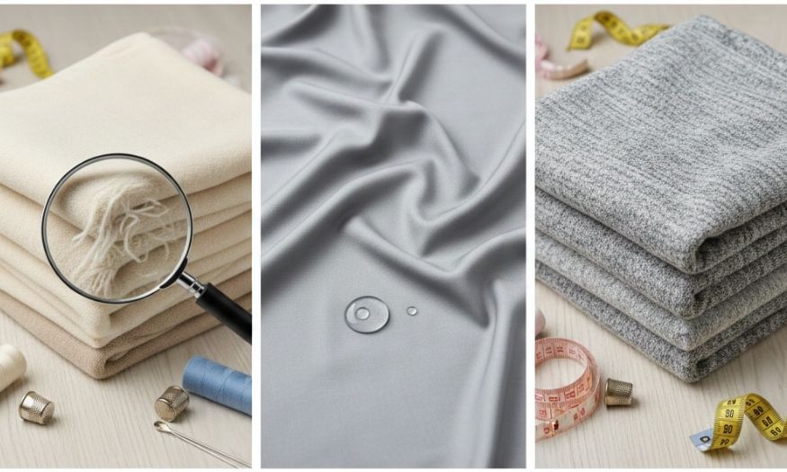 A collage of different fabric swatches, including cotton, polyester, and a blend, with a magnifying glass over the cotton to show texture, and water droplets on the polyester. Measuring tapes and sewing notions are scattered around.## Shrinking a Hoodie Using Hot Water and a Tumble Dryer