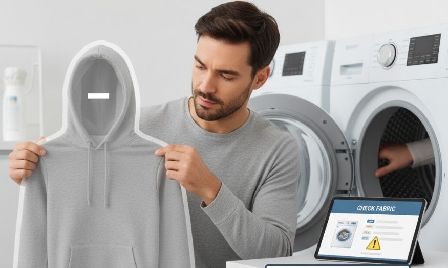 A man is holding up a grey hoodie, with a semi-transparent outline showing a slightly larger size, indicating shrinkage. He is looking at a tablet displaying "CHECK FABRIC" and fabric type information (cotton, polyester, blend) in a laundry room setting.