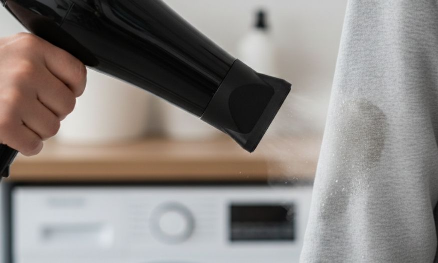 A person's hand is holding a black hairdryer, directing hot air at a damp spot on a grey garment, with a washing machine visible in the blurry background.