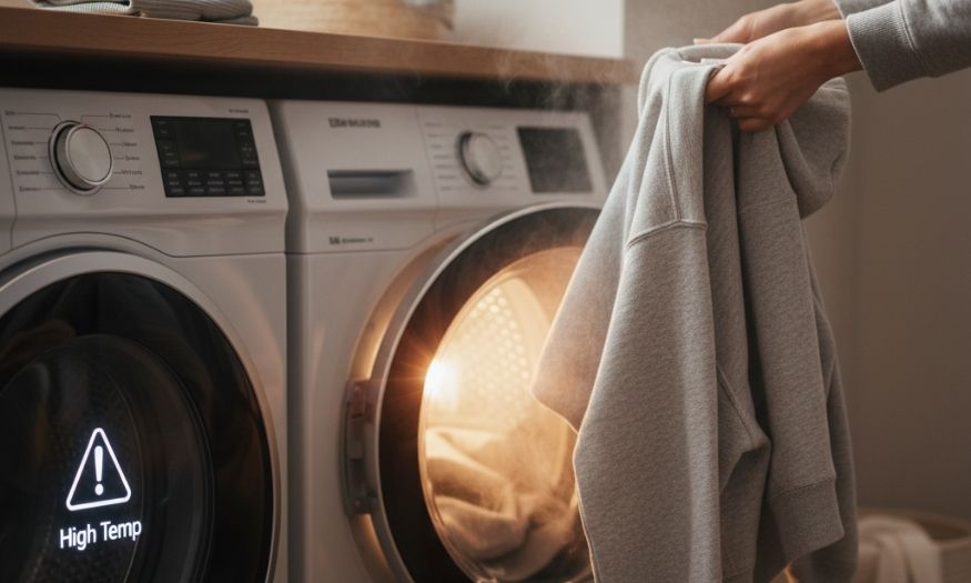 Hands are pulling a grey hoodie out of a steaming washing machine, with another washing machine next to it displaying a "High Temp" warning icon.