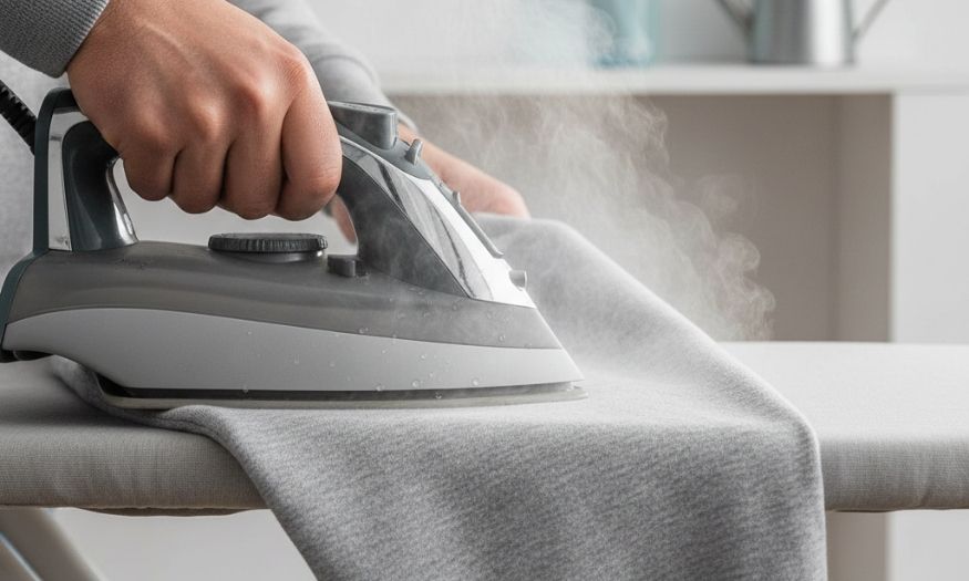 Hands are carefully lowering a grey fabric garment into a large pot of vigorously boiling water on a stovetop, with steam rising.