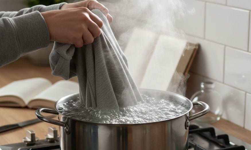 Hands are pulling a grey hoodie out of a steaming washing machine, with another washing machine next to it displaying a "High Temp" warning icon.